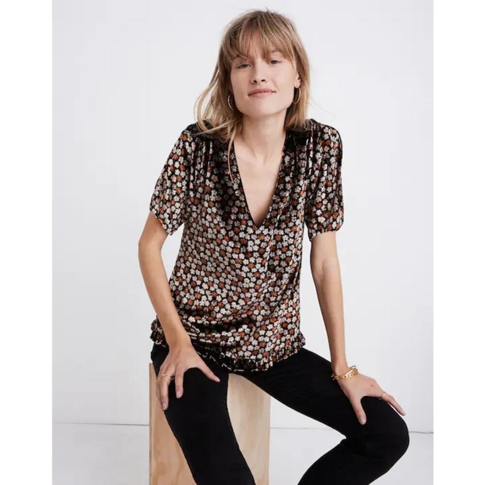 Madewell Velvet Tulip Sleeve Floral Print Ruffle Top NEW Women's Small
